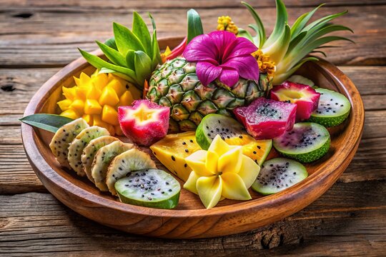 "Tropical fruit platter featuring juicy mantarraya, succulent dragon fruit, and sweet pineapple, garnished with edible flowers, served in a rustic wooden bowl."