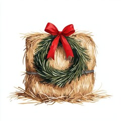 A hay bale with a Christmas wreath and red ribbon, winter farm scene, watercolor illustration, isolated on white background