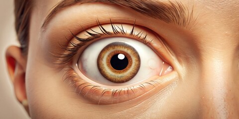 Naklejka premium Round, cartoonish eyes suddenly bulge outward from a surprised face, with eyebrows raised, mouth agape, and a white-filled pupil shocked in an innocent beige background.