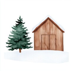 A small barn with Christmas tree in front, covered in snow, watercolor illustration, isolated on white background
