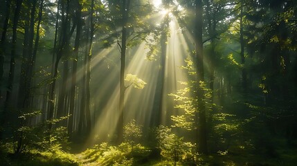 Fototapeta premium Sunlight streams through trees in a serene forest, creating a tranquil atmosphere.