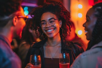 Fototapeta premium A joyful gathering of friends enjoying drinks at a lively social event.