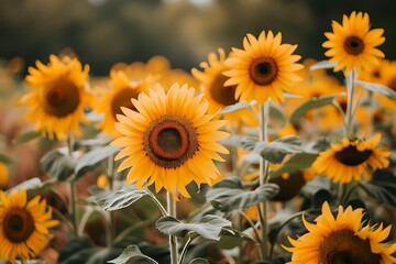 A vibrant field of sunflowers basking in sunlight, showcasing their bright yellow petals.