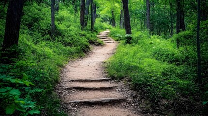Obraz premium A serene forest pathway surrounded by lush greenery, inviting nature enthusiasts to explore the tranquil environment.