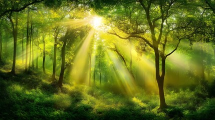 Obraz premium A serene forest scene with sunlight filtering through lush green trees, creating a tranquil and peaceful atmosphere.