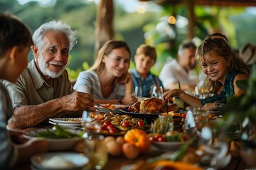 A joyful gathering around a festive meal with family and friends in a natural setting.