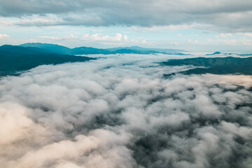 Aerial view of fog and morning sky from drone