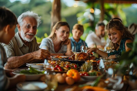 A joyful gathering around a festive meal with family and friends in a natural setting.