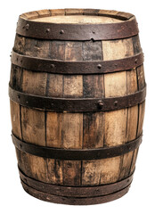 Obraz premium PNG Rustic wooden barrel with metal bands on display