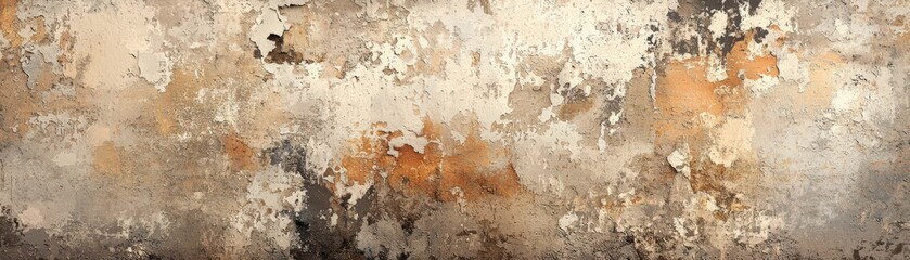 A textured wall surface with an abstract, rustic paint pattern, where layers of worn and faded paint in various shades of brown and gray combine to create a visually rich and aged appearance. anime