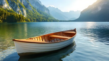 Obraz premium A serene lake scene featuring a wooden boat on calm waters surrounded by stunning mountains and lush greenery.
