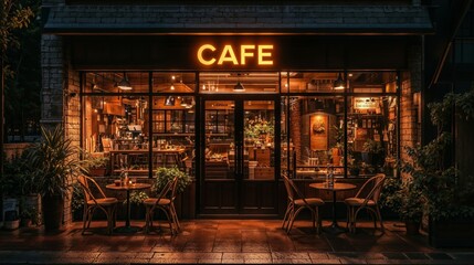 Obraz premium A cafe is beautifully illuminated at night during a gloomy rainy day
