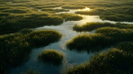 A serene landscape featuring winding waterways and lush grasses illuminated by the gentle glow of the setting sun.