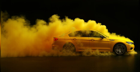 Yellow car with yellow smoke on a bright black background