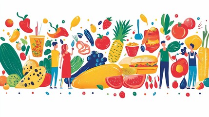 Fototapeta premium Colorful Illustration of People, Fruits, and Vegetables