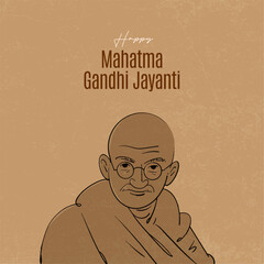 Happy Gandhi Jayanti Text with Gandhiji hand-drawn vector illustration for social media banner. 
