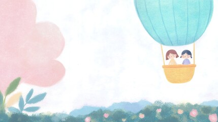 Obraz premium Illustration of two children in a hot air balloon floating over a scenic landscape with trees and flowers. Soft pastel colors and empty space for text. Children's design for greeting cards, invitation