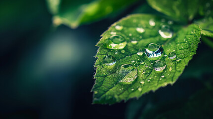 A close up of water droplets on the edge of a green leaf, with focus on one drop in sharp detail and others blurred to create depth