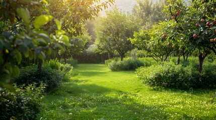 Fototapeta premium Lush Urban Orchard Providing Bountiful Harvest for Sustainable Community