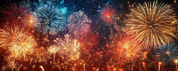 A vibrant and dazzling background of colorful fireworks exploding against the night sky, with bursts of red, gold, and blue lighting up the darkness, leaving plenty of clear, dark space for text or