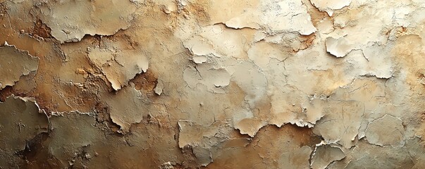 A captivating close-up of a rustic paint wall texture, with abstract patterns of worn, cracked paint in earthy tones of beige and brown, creating a tactile and visually interesting surface with a