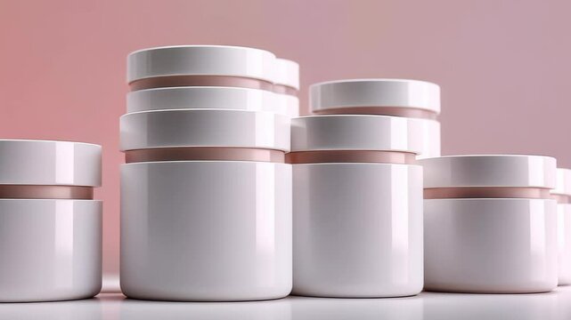 An elegant display of modern white cosmetic jars with pastel peach accents, set against a soft pink gradient background. Perfect for beauty and wellness branding.