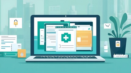 Secure Medical Data on Laptop with City Skyline