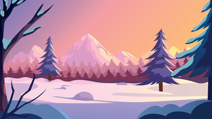 Winter colorful landscape. Background or wallpaper of forest in winter. Mountains in the background. Bright sky sunset. Vector illustration in cartoon style. Without people and buildings.