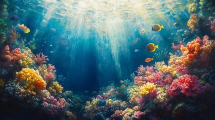 Fototapeta premium A Vibrant Underwater Scene with Colorful Coral Reefs and Fish