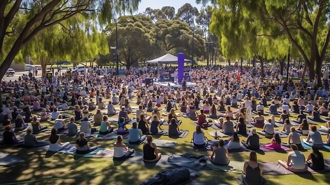 A large group participating in an outdoor yoga session in a park setting.