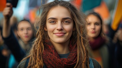 Young woman with serious expression at demonstration, blurred city background.