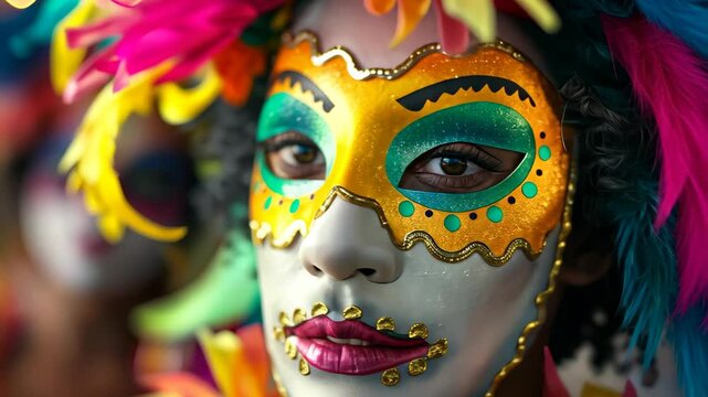 A vibrant close-up of a woman in a colorful sugar skull mask, adorned with floral patterns and bright accents. Others in festive costumes surround her, embodying celebration and cultural heritage.