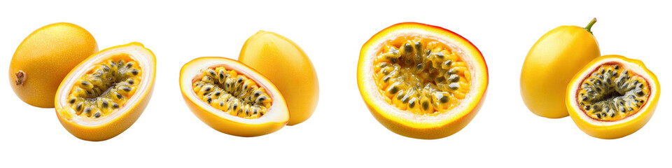 Close up view of fresh ripe yellow passion fruits with their halves and cross sections displaying the vivid orange pulp and black seeds on a plain white background