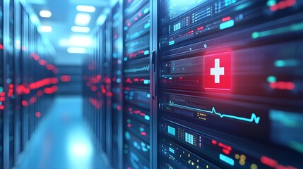 Server Room Technology Healthcare Network with Red Cross