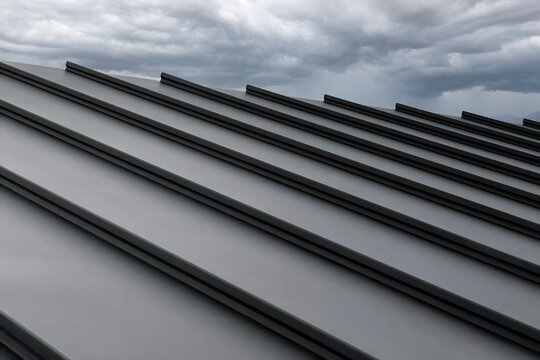 Close-up house retro roof panel with standing seam and fasteners. Modern galvanized steel roofing sheet with ribs. Classic style black metal panel with rebate joint. Falz roofing. Building's covering