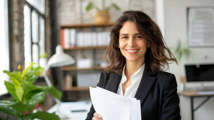 Confident professional in sleek attire, poised with resume, minimalist white backdrop, ideal for career and recruitment concepts