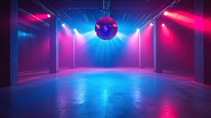A captivating dance floor featuring a sparkling mirror ball and vibrant neon lights, creating an energetic ambiance perfect for nightlife and dance events.