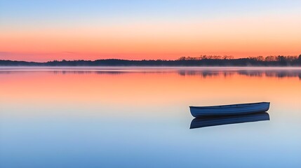 Fototapeta premium A serene sunset over calm waters, featuring a solitary boat reflecting the vibrant colors of the sky.