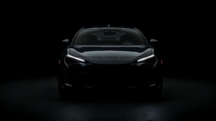 Fototapeta premium Sports black car in the dark. Black studio background, backlight only from headlights