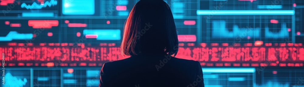 Poster a professional analyzing data on a digital interface, showcasing technology and innovation in a mode