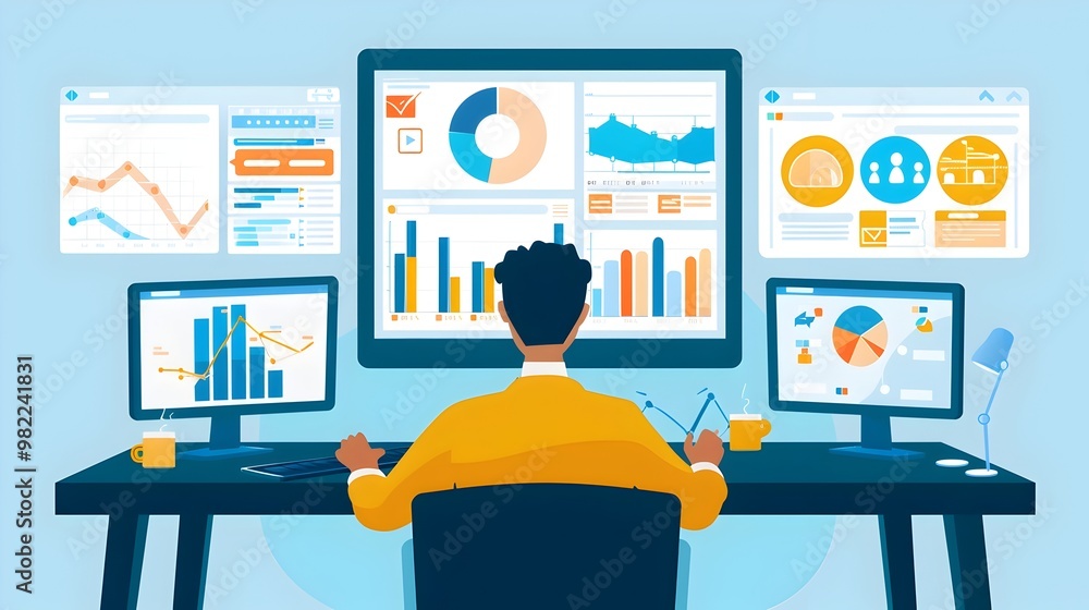 Poster remote sales team and analytics dashboard for virtual presentations and data driven decisions