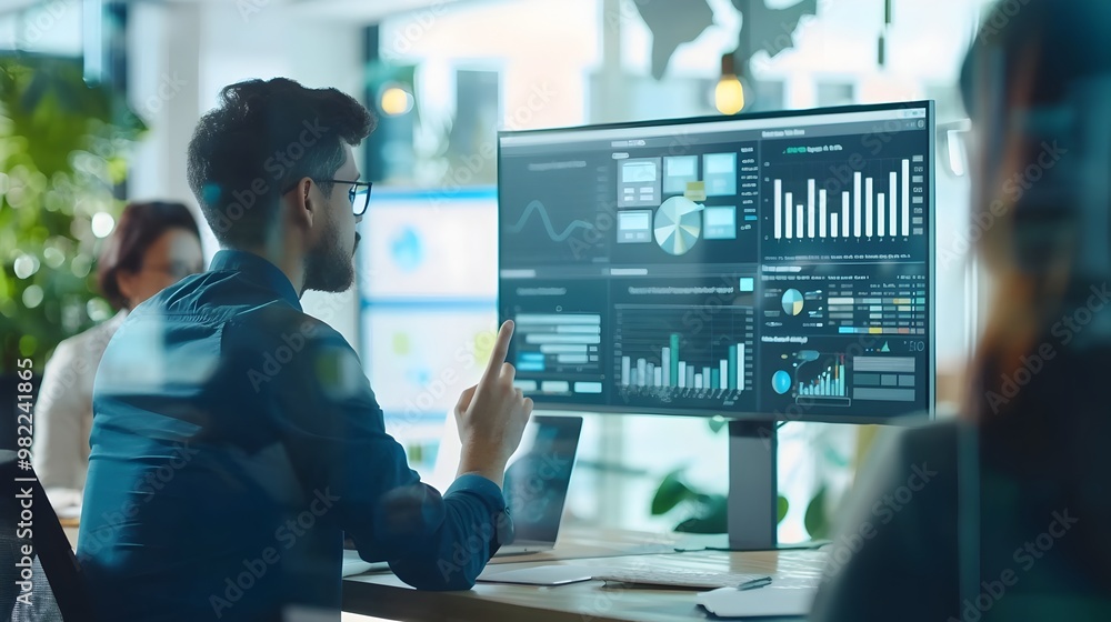 Poster remote sales team collaborating using virtual presentation and analytics tools