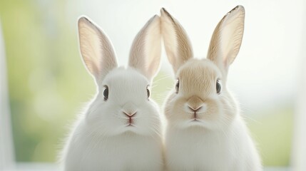 Fototapeta premium Charming Close-Up of Two Playful Rabbits in a Natural Setting, Showcasing Their Soft Fur and Expressive Features Amidst Lush Greenery