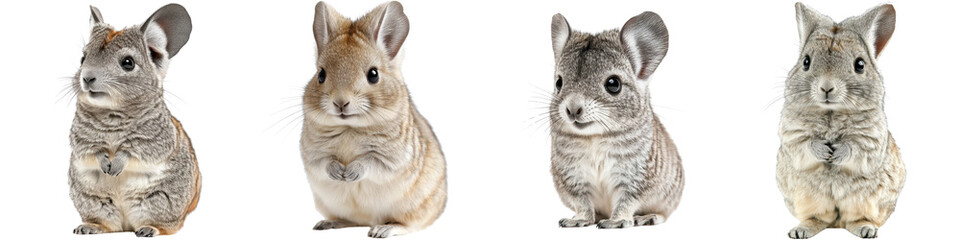 Obraz premium Adorable small fluffy chinchilla or rabbit with white gray and brown fur posing in studio with plain white background Closeup portrait of this cute and gentle domestic pet animal with whiskers