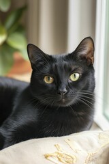 Charming Domestic Cat Relaxing in Sunlight with Playful Expression, Showcasing Soft Fur and Bright Eyes in a Cozy Indoor Setting