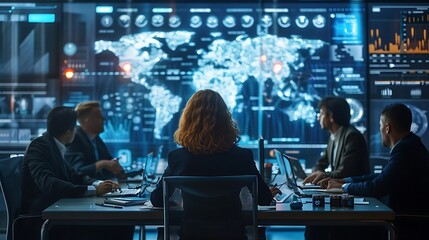 A team analyzing global data in a modern conference room with digital displays.