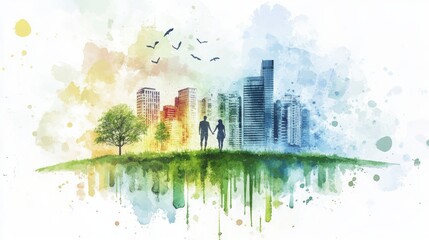 Fototapeta premium Modern entrepreneurship setting focused on healthy habits and green technology, a balance of innovation and well-being, fresh and dynamic watercolor tones