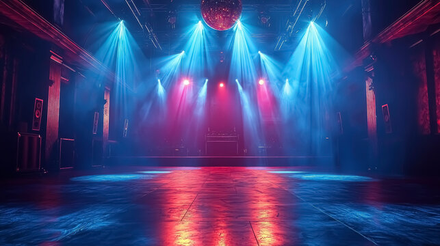 A vibrant nightclub scene featuring a dance floor with neon lights, a mirror ball, and a DJ console, creating an electrifying atmosphere for unforgettable nights.