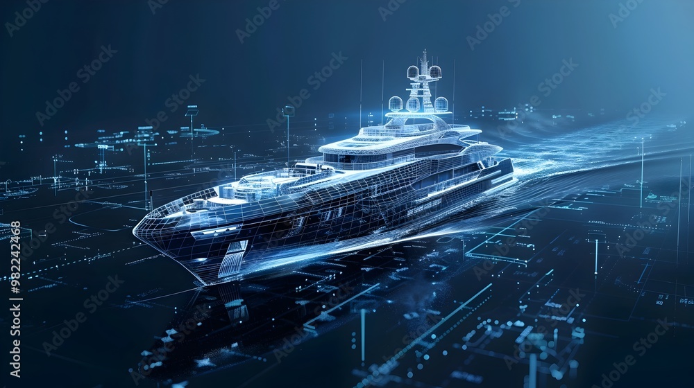 Poster digital twin of a luxury yacht showcasing real time navigation engine performance and onboard system