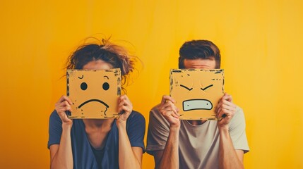 A man and woman hold sad and frustrated emoji cards over their faces in front of bright yellow wall